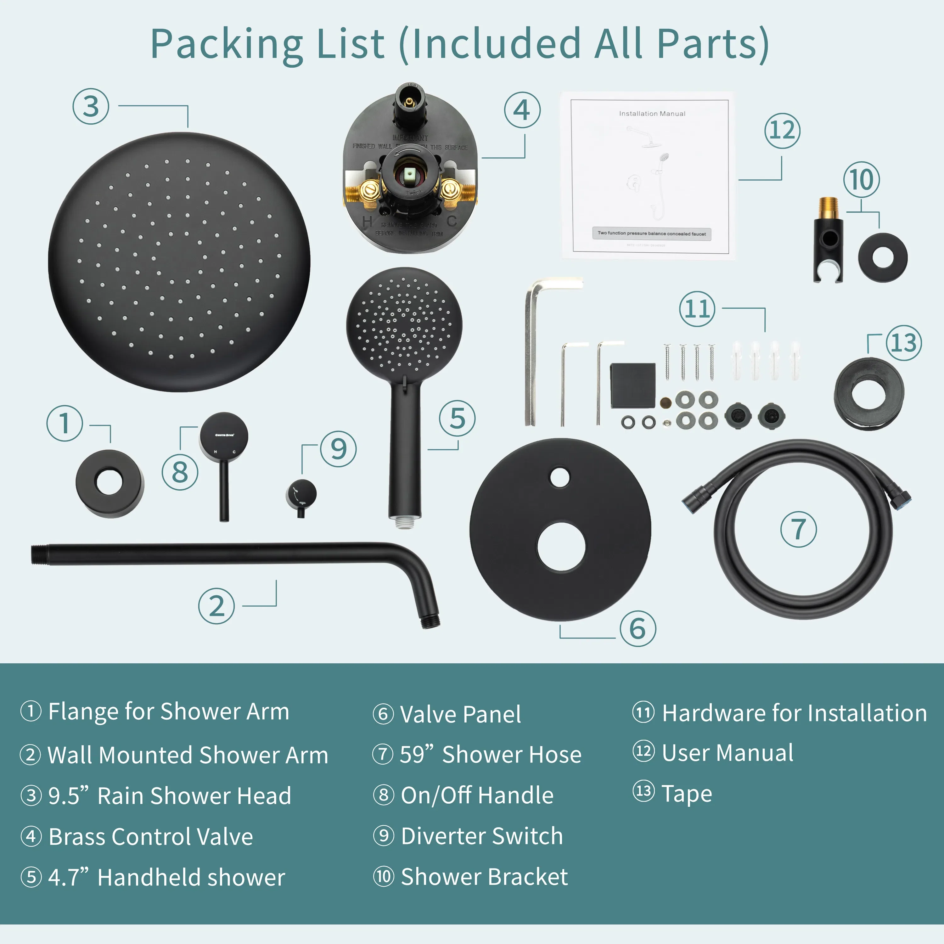 Casta Diva Rain Shower Head with Handheld Spray, Round, Black | CD-S01B - Image 6