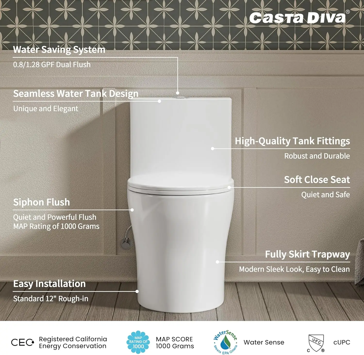 CASTA DIVA CD-T003 – One-Piece Round Toilet with Dual Flush 0.9/1.28 GPF, 12'' Rough-in, White - Image 5