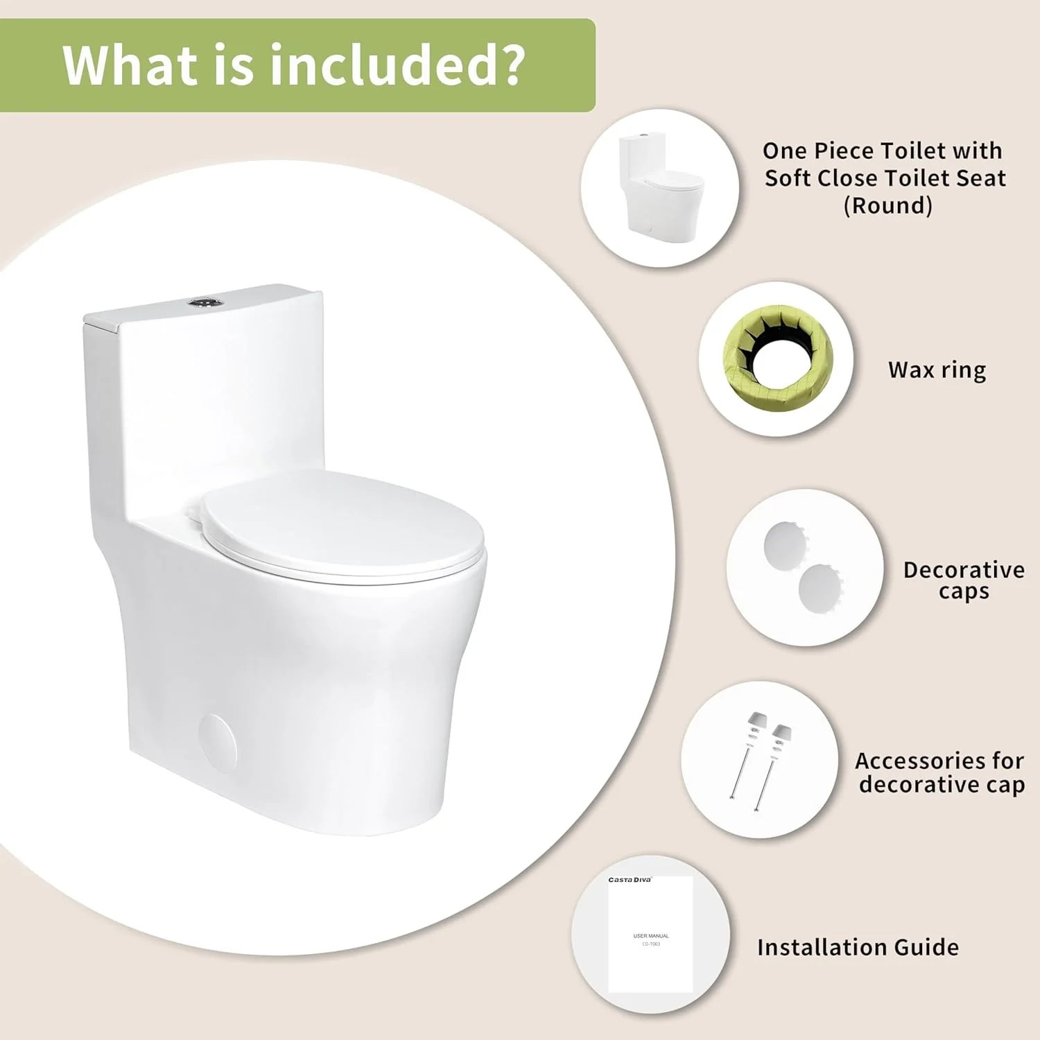 CASTA DIVA CD-T003 – One-Piece Round Toilet with Dual Flush 0.9/1.28 GPF, 12'' Rough-in, White - Image 8