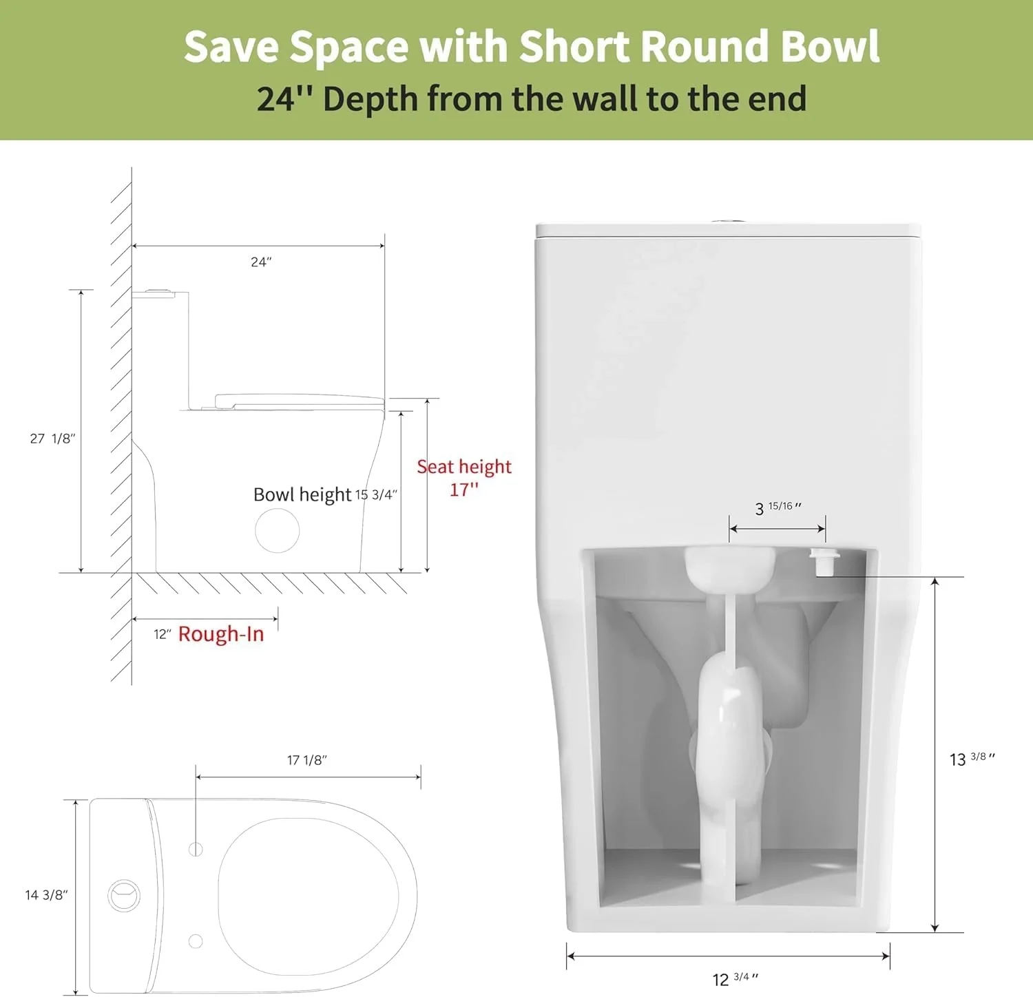 CASTA DIVA CD-T003 – One-Piece Round Toilet with Dual Flush 0.9/1.28 GPF, 12'' Rough-in, White - Image 9