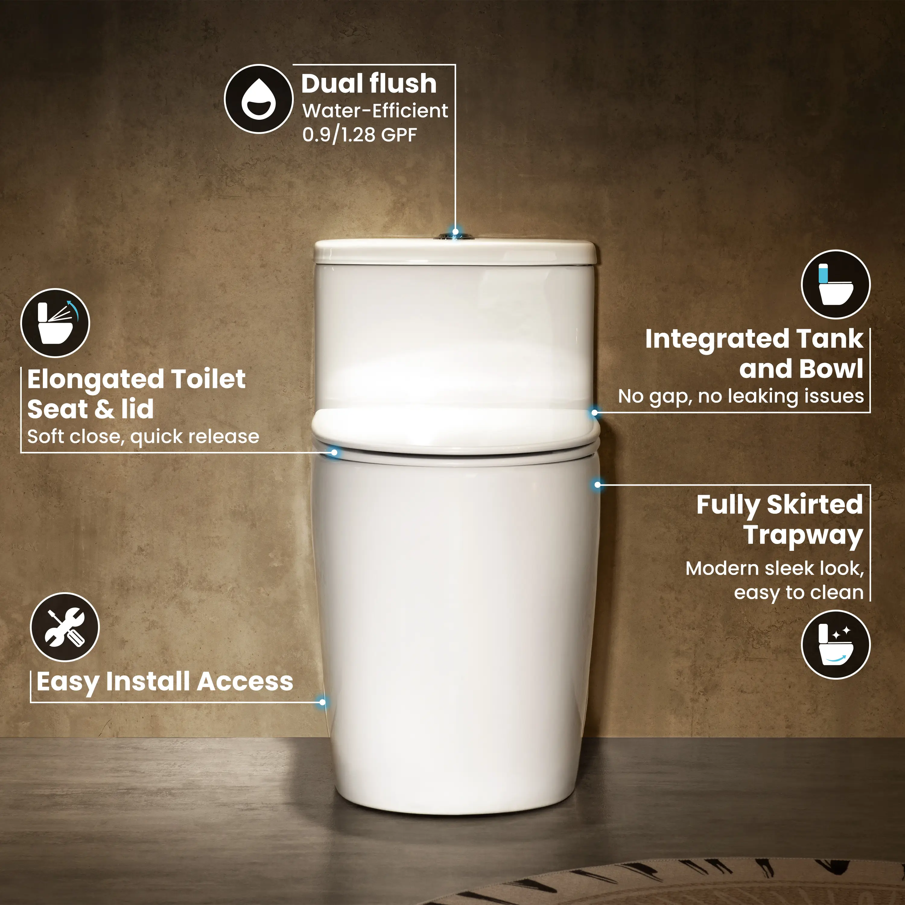 CASTA DIVA CD-T006 – One-Piece Elongated Toilet with ADA-Compliant, Dual Flush High Efficiency 1.0/1.28 GPF & MAP 1000g, 12'' Rough-in, White - Image 6