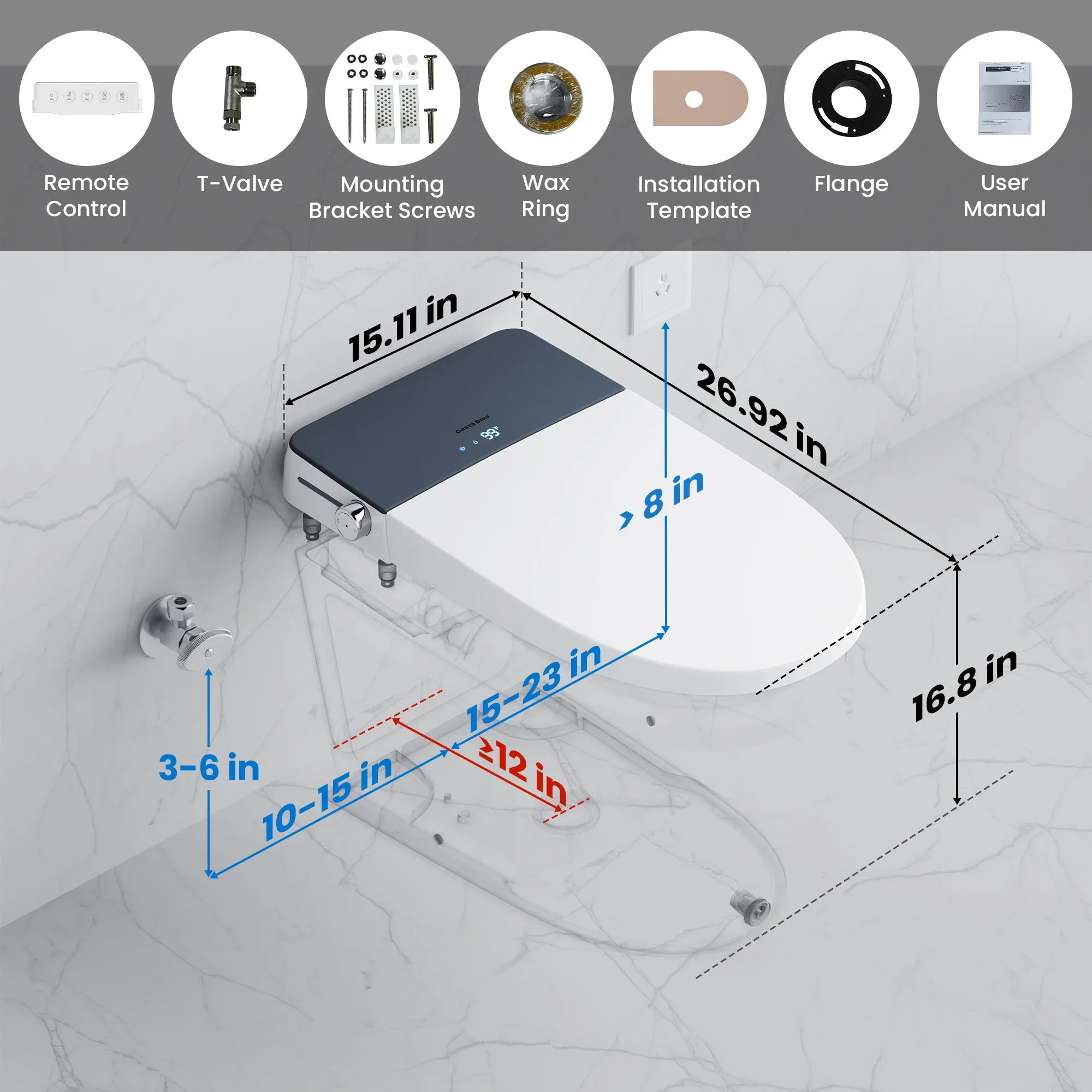 CASTA DIVA CD-Y090 – Smart Toilet with Auto Open/Close, Heated Seat & Digital Display - Image 13